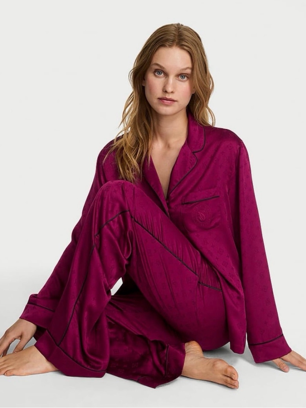 Victoria's Secret Glazed Satin Pajama Set Signature Logo Fresh Jam Jacquard L
